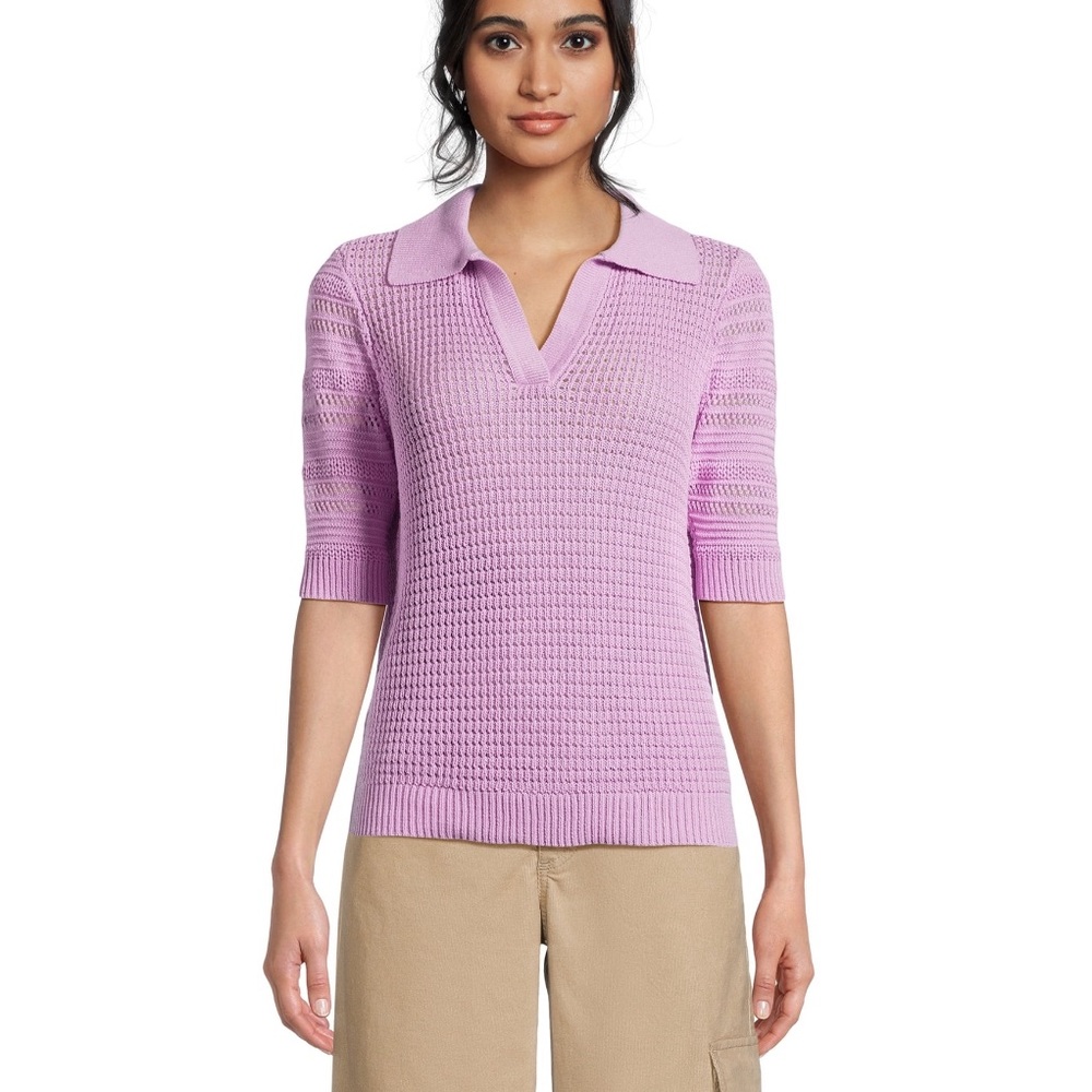 Time and Tru Women Mid-weight Polo Sweater With Elbow Length Sleeve